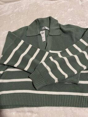 Hollister Sage Green and White Striped Knit Polo
